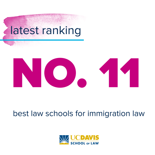 A white graphic with pink text that announces the latest UC Davis School of Law ranking. The school ranks no. 11 for immigration law.